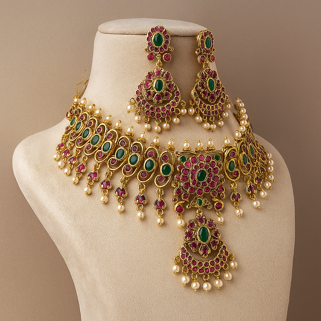 Traditional Indian Bridal Jewellery Set, Gold-Plated Choker Necklace with Pearl Drops, Ruby and Emerald Stones, Chandelier Earrings