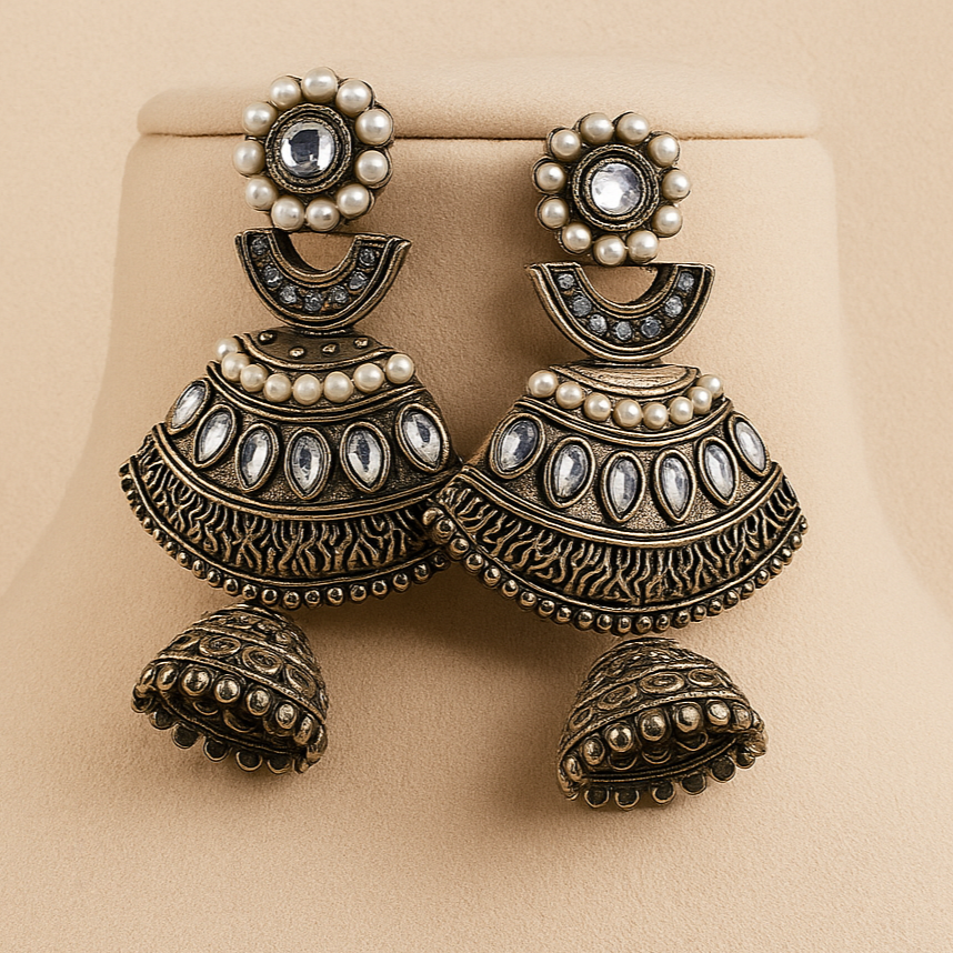Vintage Oxidised Silver Chandelier Earrings with Pearl Details