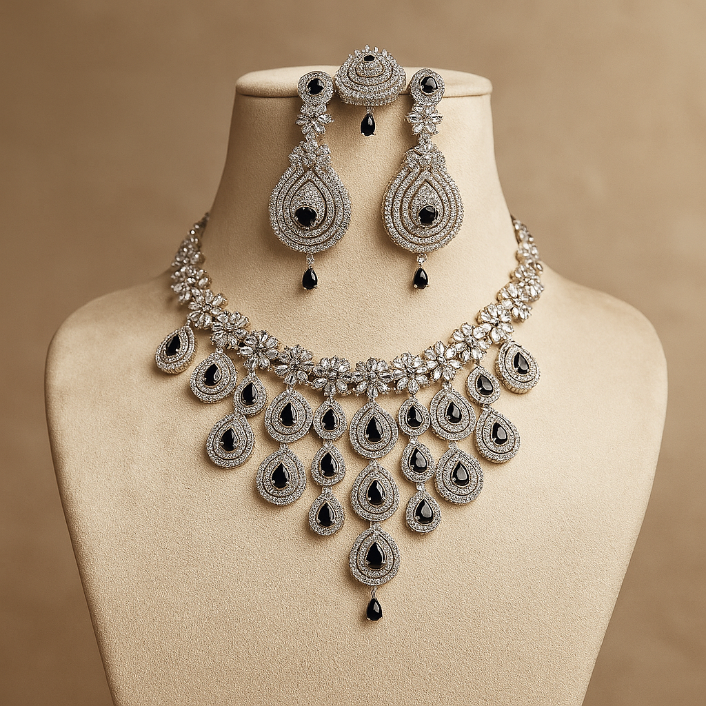 Luxury Crystal Statement Necklace Set with Black Stones