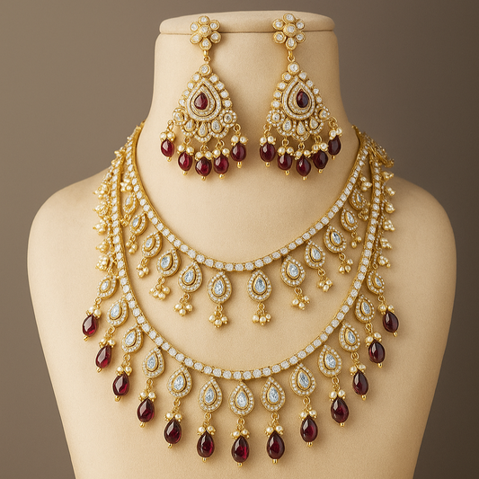 Luxury Bridal Necklace Set with Crystal and Ruby Drops, 3-Layer Gold-Plated Jewellery Set with Chandelier Earrings