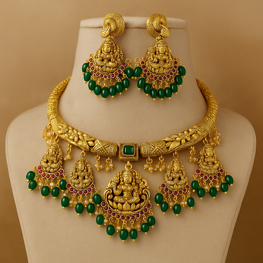 Traditional Gold-Plated Temple Jewellery Set with Jhumka Earrings, Antique Finish Necklace with Pearl Beads and Ruby Stones