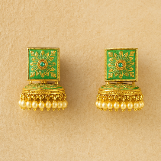 Traditional Mint Green Square Jhumka Earrings