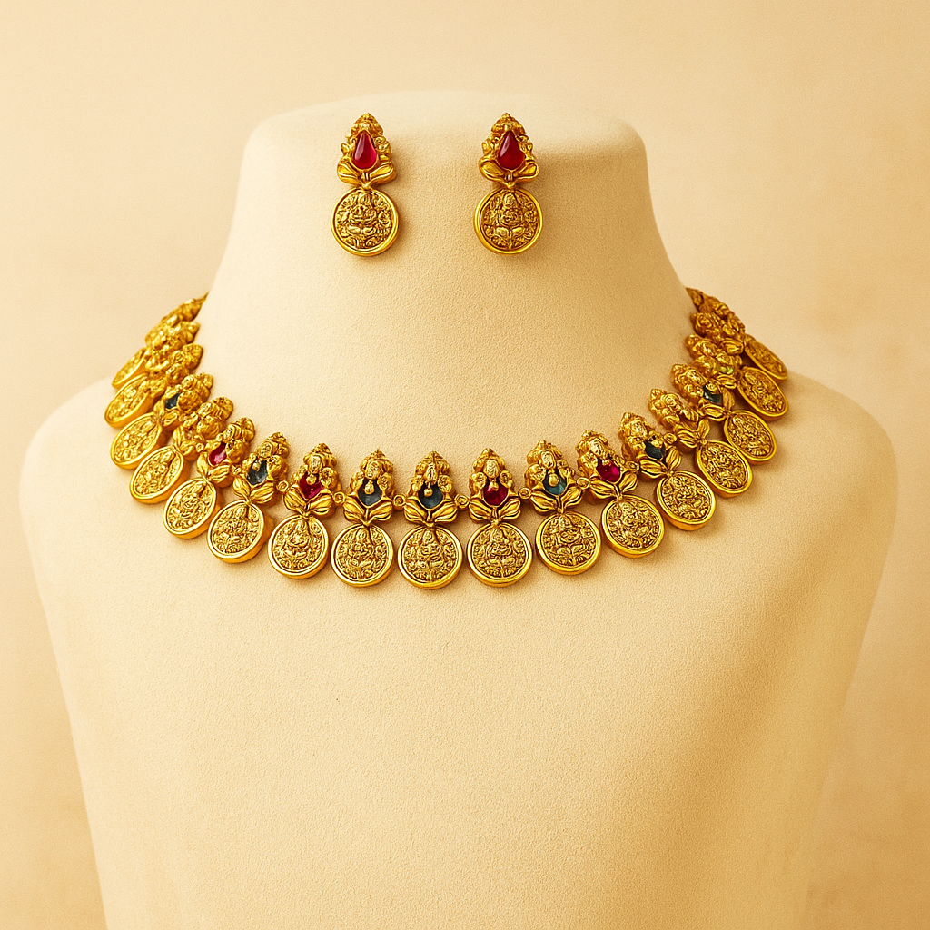 Traditional Temple Coin Necklace Set with Earrings, Gold-Plated, Ruby and Emerald Accents