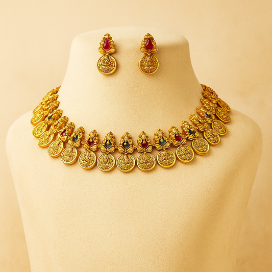 Traditional Temple Coin Necklace Set with Earrings, Gold-Plated, Ruby and Emerald Accents