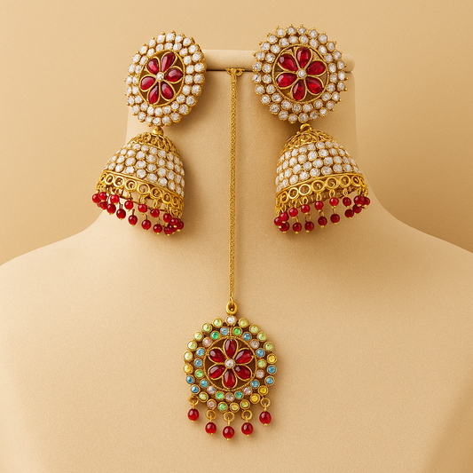 Gold-Toned Jhumka Earrings and Maang Tikka