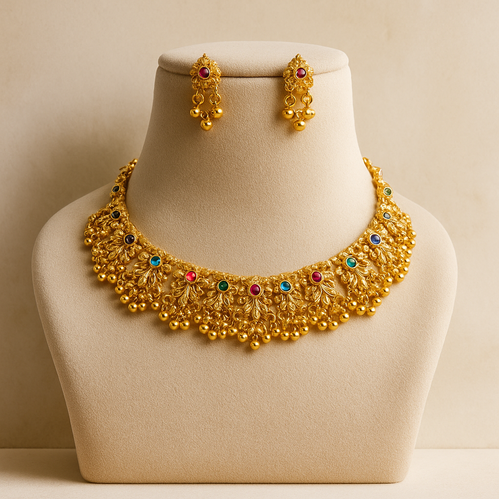 Traditional Gold-Plated Necklace Set with Ruby Green Stones