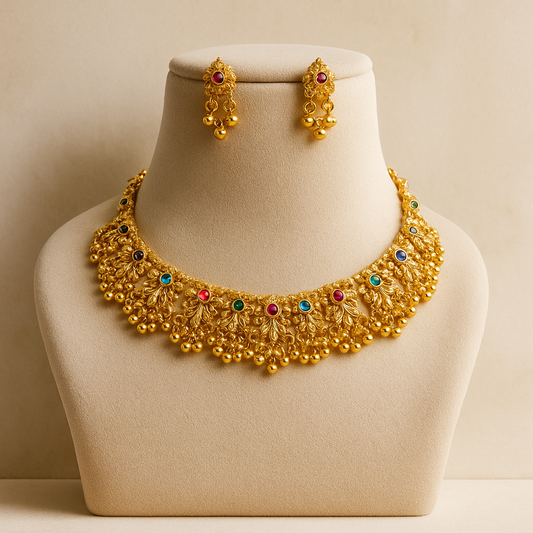 Traditional Gold-Plated Necklace Set with Ruby Green Stones
