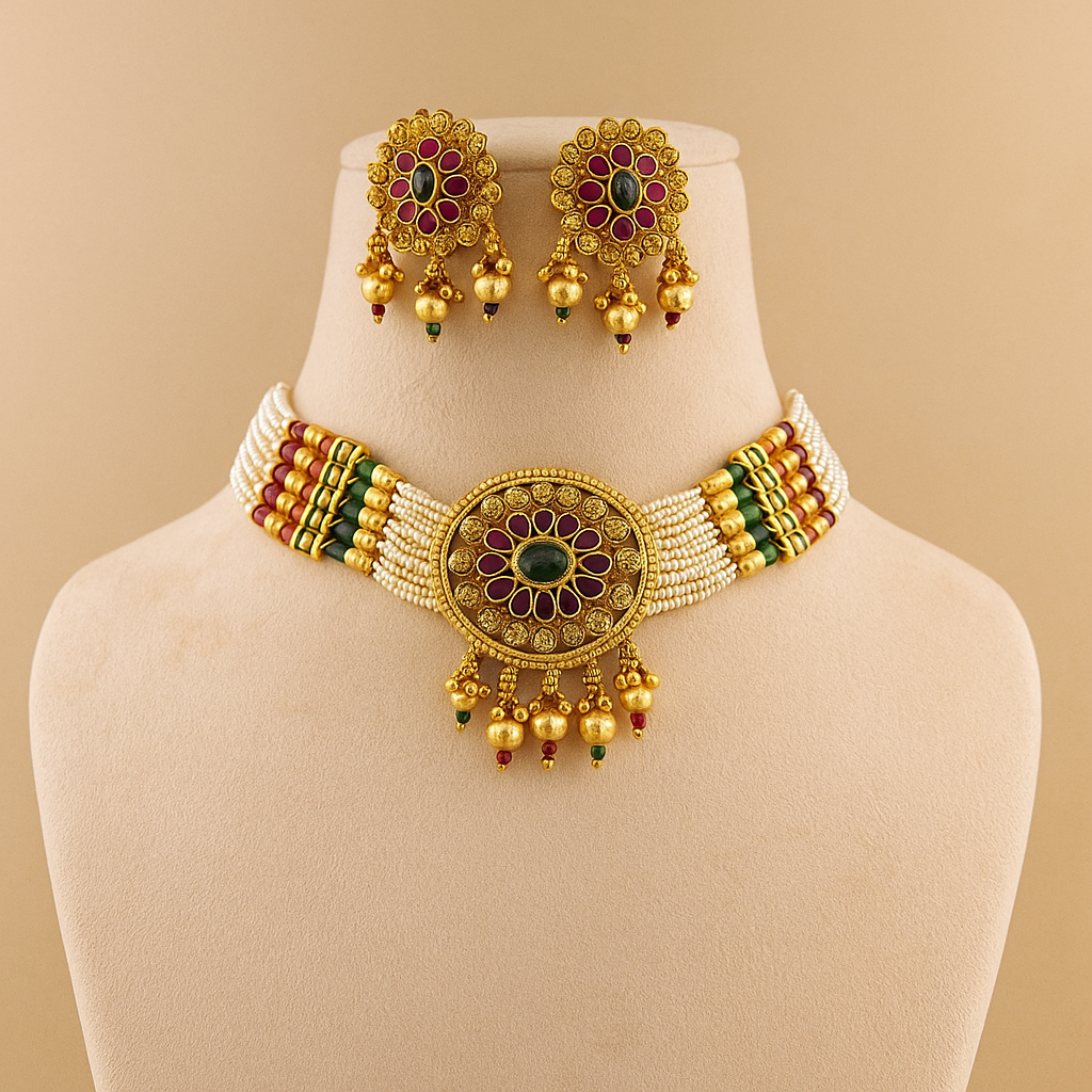 Traditional Pearl Choker Necklace Set with Ruby Green Stones