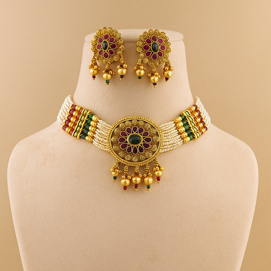 Traditional Pearl Choker Necklace Set with Ruby Green Stones