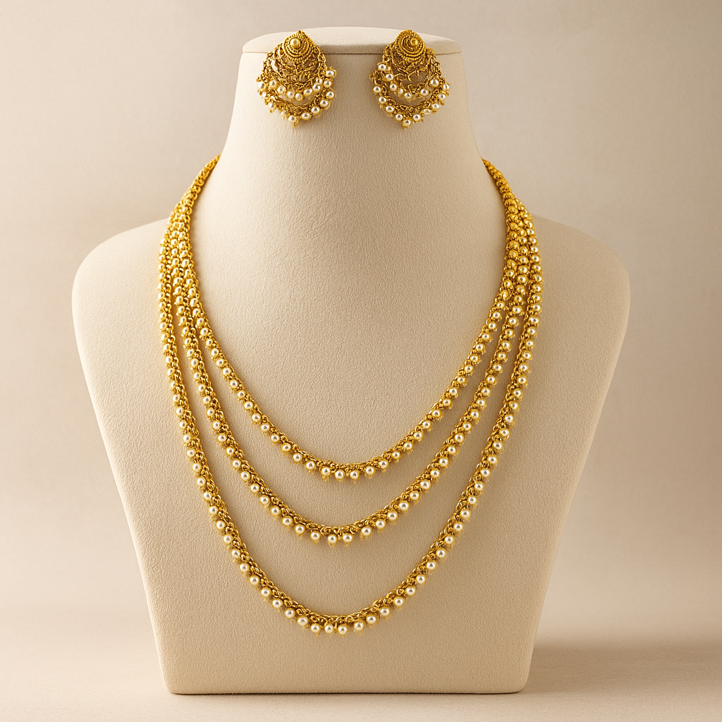 Traditional Gold-Plated Pearl Layered Necklace Set with Chandbali Earrings