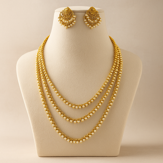 Traditional Gold-Plated Pearl Layered Necklace Set with Chandbali Earrings