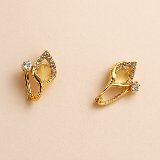 Gold-Toned Crystal Leaf Stud Earrings with Moonstone