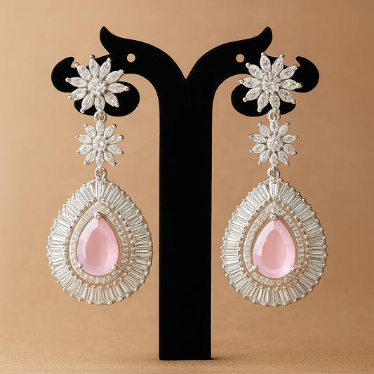 Crystal Drop Earrings with Pink Stone