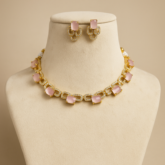 Elegant Pink Stone Neckless & Earring Set – Gold & Diamond Accents