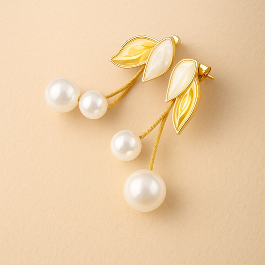 Elegant Pearl Drop Earrings with Enamel Leaves