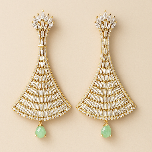 Crystal Fan Drop Earrings with Mint Green Stone