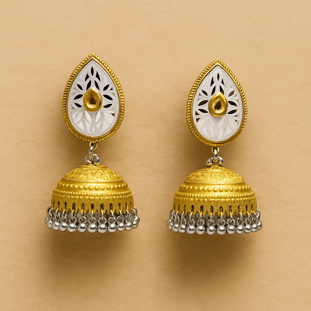 Gold & White Jhumka Earrings – Traditional Ethnic Jewelry
