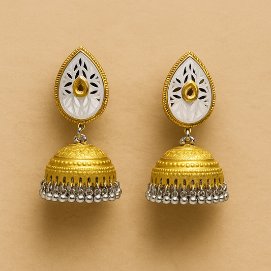 Gold & White Jhumka Earrings – Traditional Ethnic Jewelry