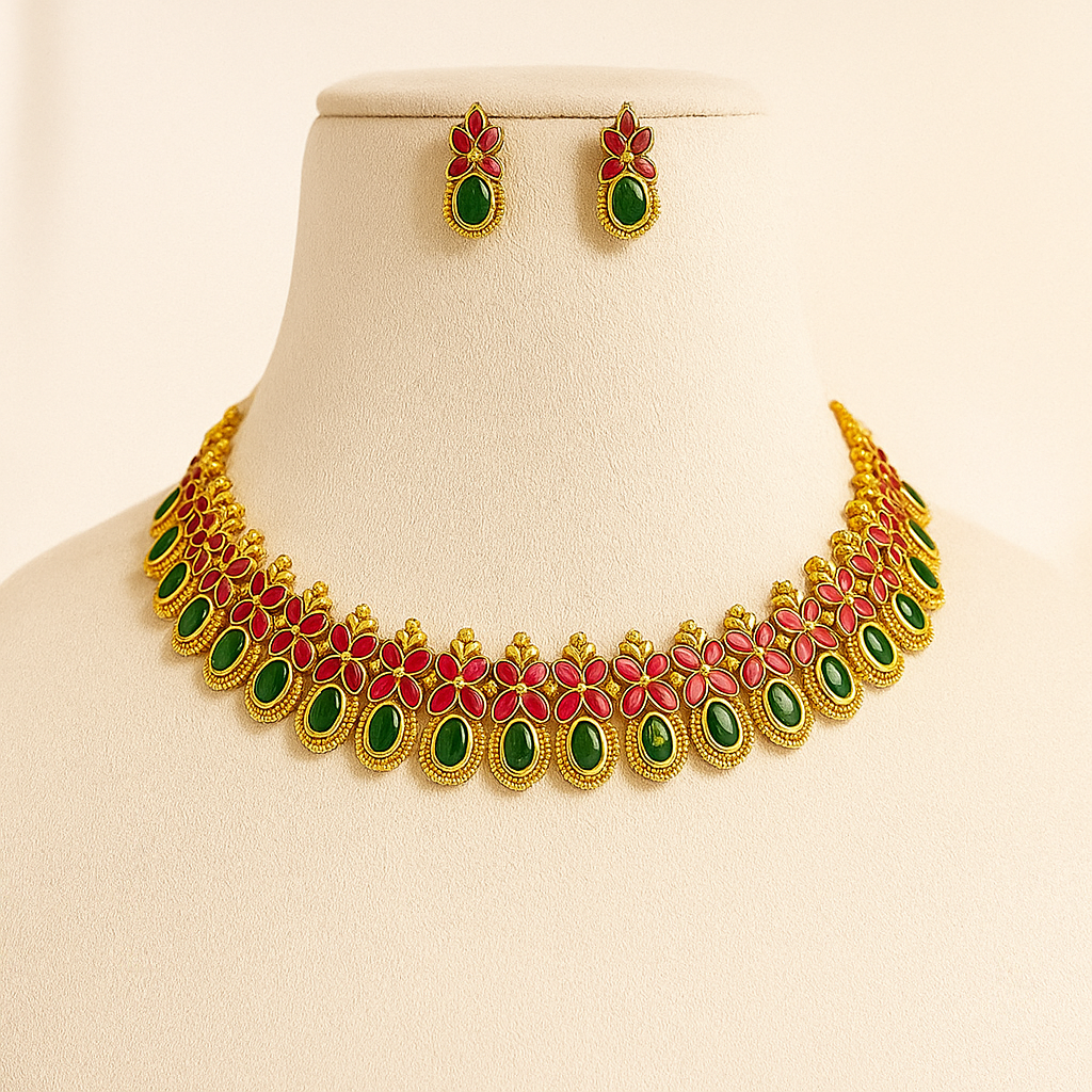 Traditional Gold-Plated Necklace Set with Green Enamel Flowers and Ruby Stones