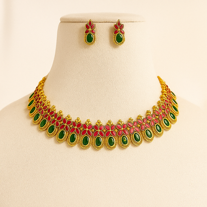Traditional Gold-Plated Necklace Set with Green Enamel Flowers and Ruby Stones