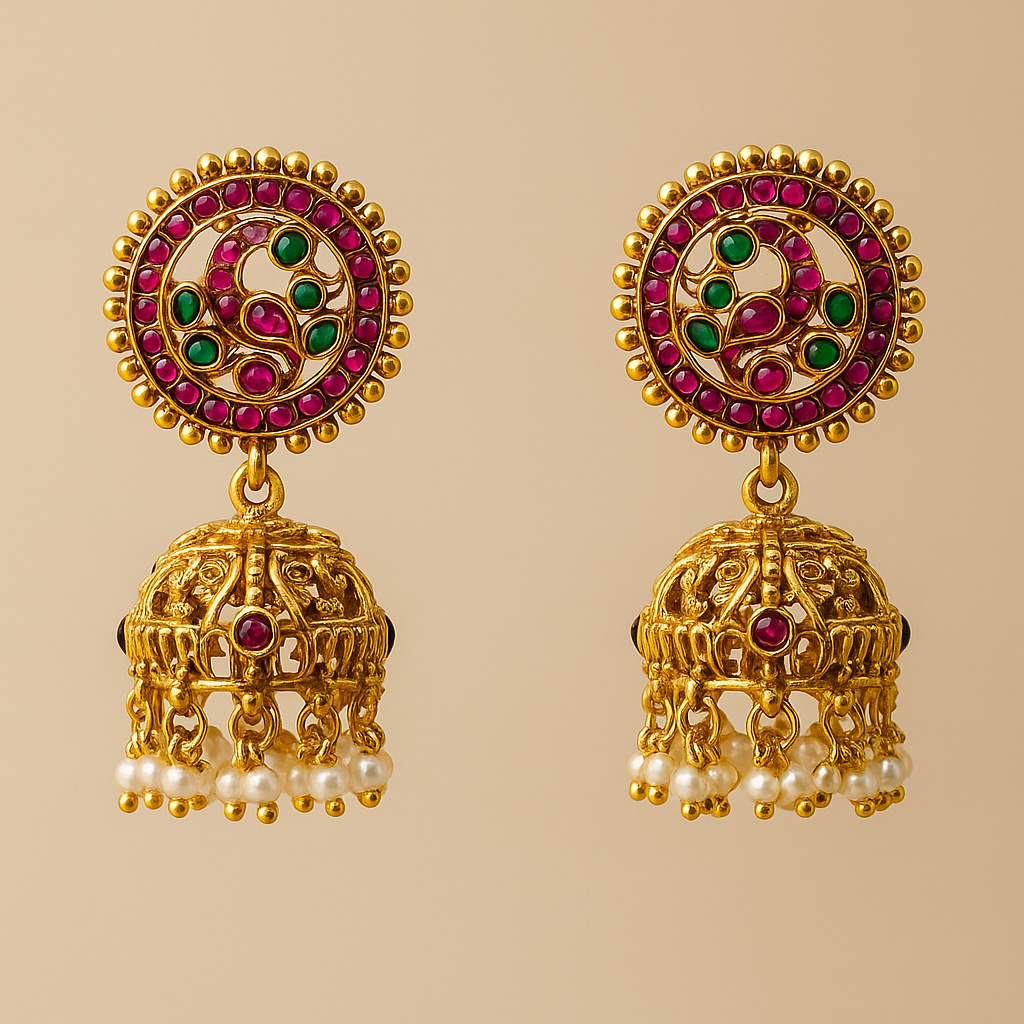 Traditional Jhumka Earrings with Pink and Green Stones, Pearl Drops, Gold-Toned