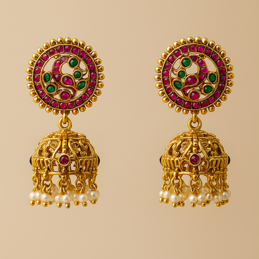 Traditional Jhumka Earrings with Pink and Green Stones, Pearl Drops, Gold-Toned