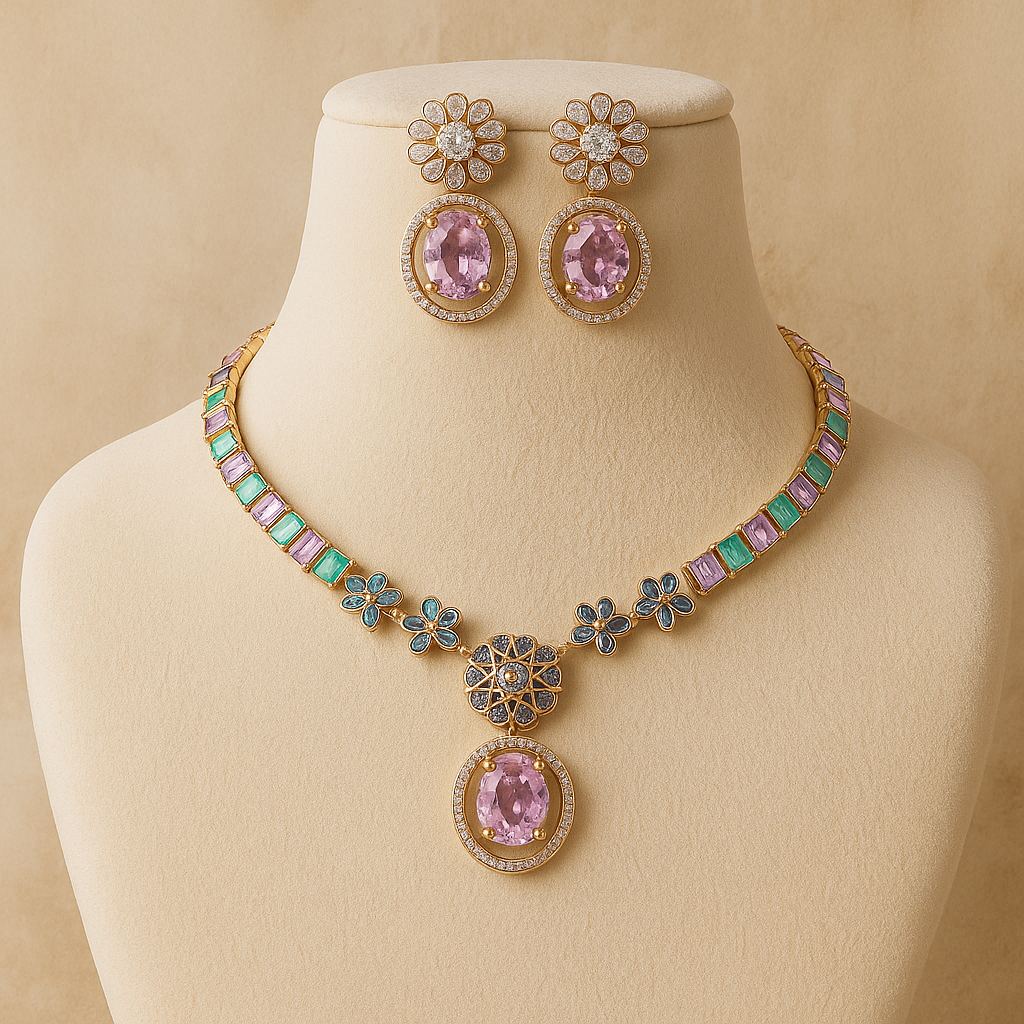 Elegant Floral Necklace and Earrings Set with Pink and Mint Stones, Silver-Toned Metal