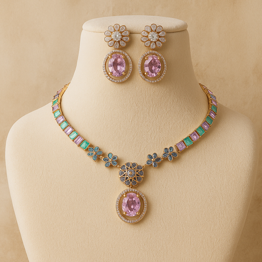 Elegant Floral Necklace and Earrings Set with Pink and Mint Stones, Silver-Toned Metal