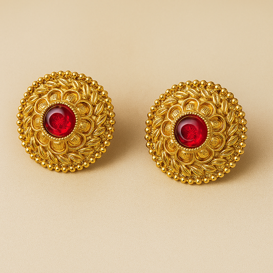 Gold-Plated Traditional Stud Earrings with Red Stone