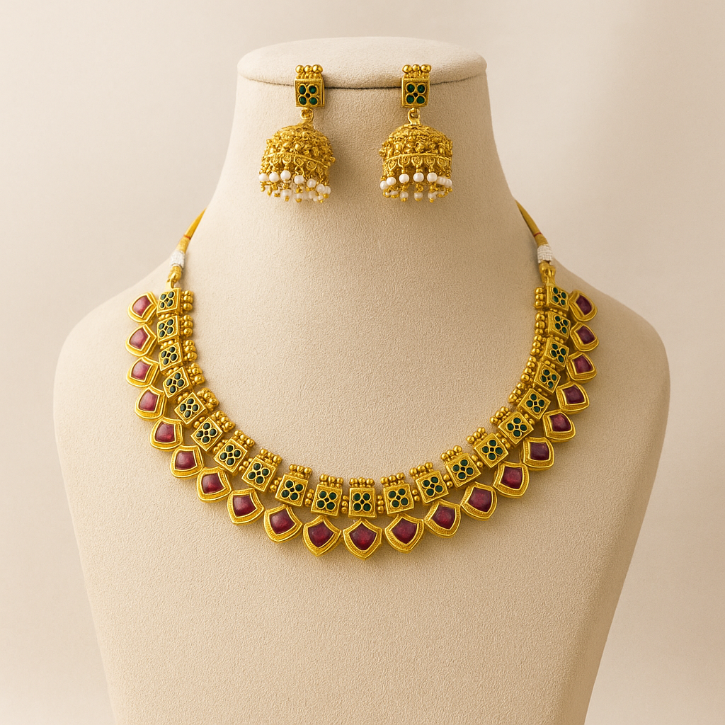 Traditional Gold-Plated Necklace Set with Green Emerald Stones