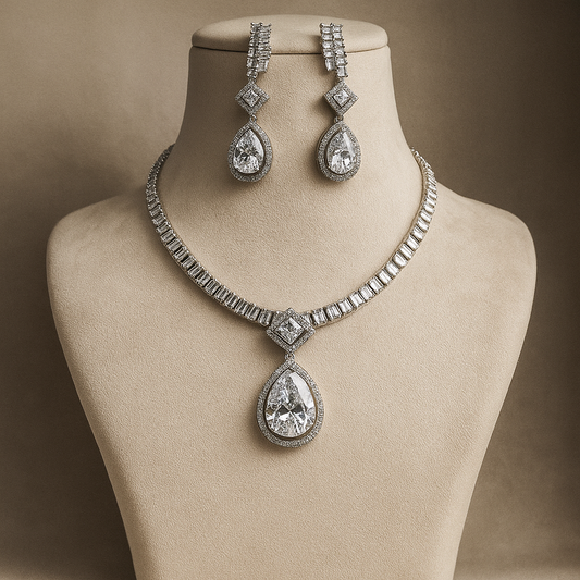 Crystal Teardrop Necklace and Earrings Set, Silver-Toned Jewellery with Cubic Zirconia
