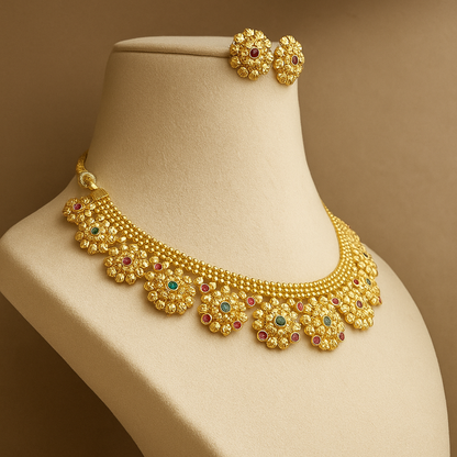 Antique Gold Floral Necklace Set with Ruby and Emerald Stones