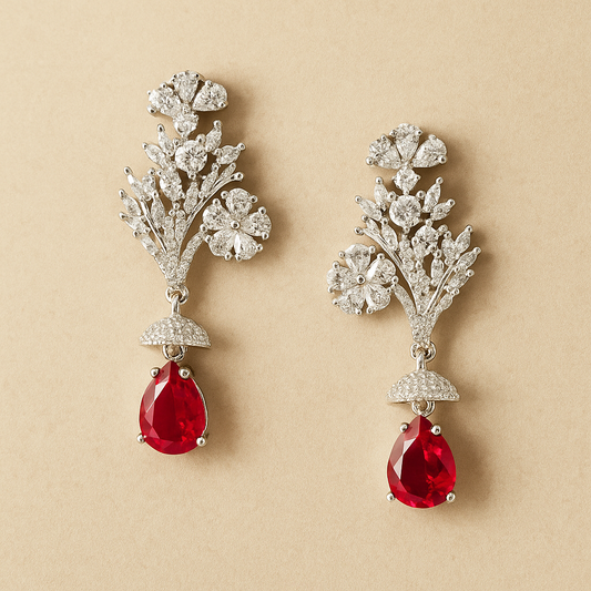 AD Floral Diamond & Ruby Drop Earrings – Elegant & Luxurious