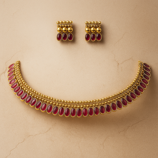 Traditional Gold-Plated Necklace Set with Ruby Red Stones