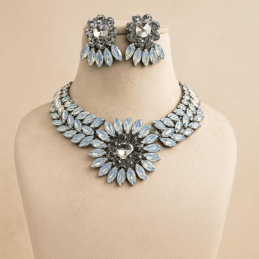Crystal Statement Necklace and Earring Set, Floral Design, Blue and Clear Rhinestones, Vintage Style