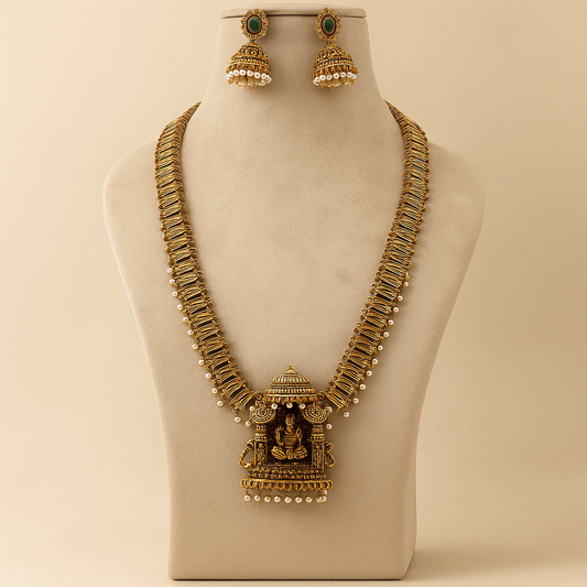 Traditional Temple Design Long Necklace Set with Pearl Accents, Antique Gold Finish, Jhumka Earrings