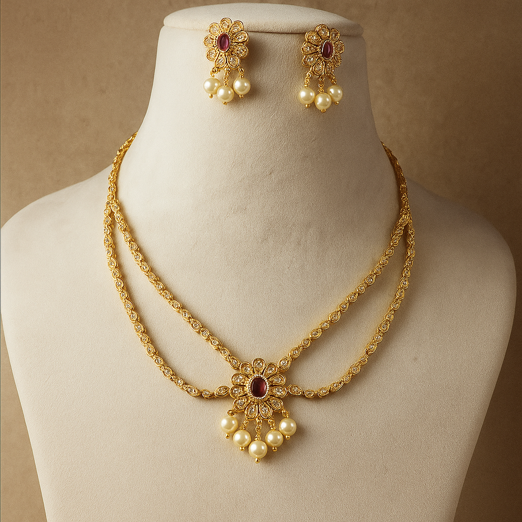 Elegant Double-Chain Gold-Toned Necklace with Turquoise Centre Stone