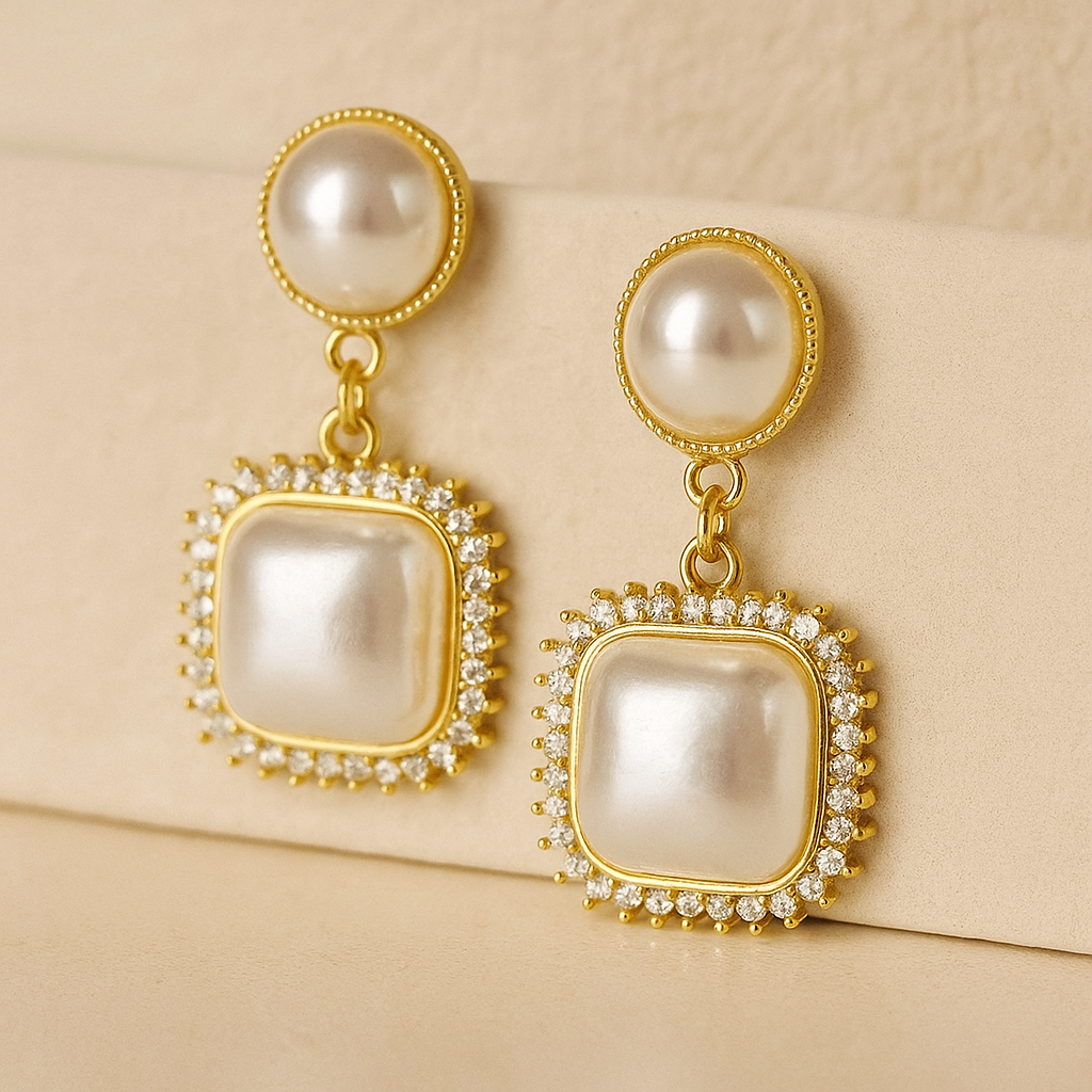 Elegant Pearl Drop Earrings, Gold-Toned Square Crystal Rhinestone Setting