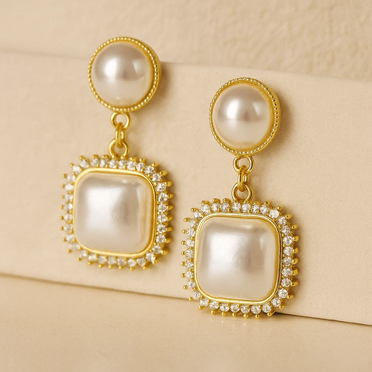 Elegant Pearl Drop Earrings, Gold-Toned Square Crystal Rhinestone Setting
