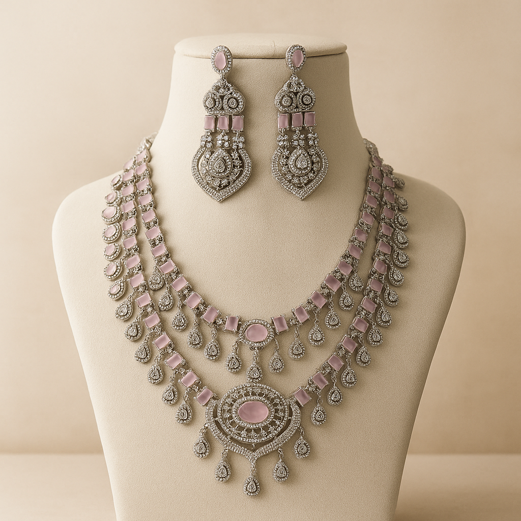Vintage Style Crystal Necklace Set with Pink Stones