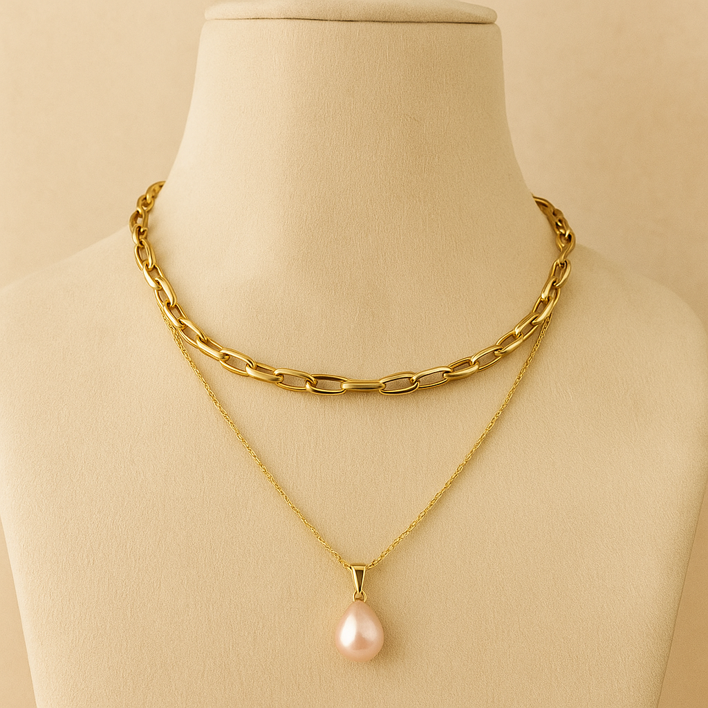 Layered Gold Chain with Pearl Pendant, Double Strand Link Chain