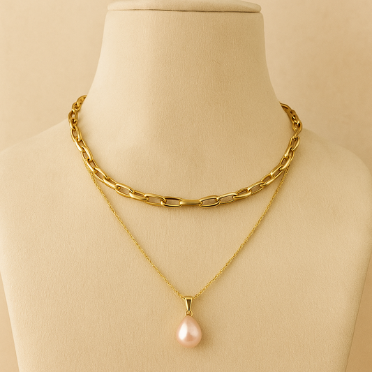 Layered Gold Chain with Pearl Pendant, Double Strand Link Chain