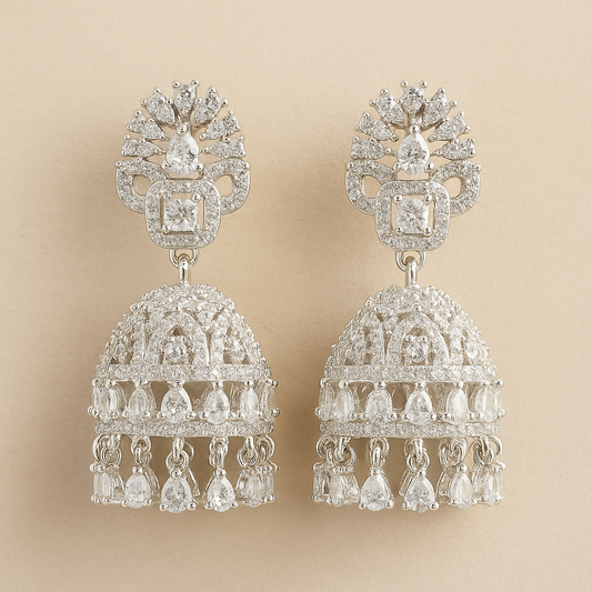 AD Silver Crystal Jhumka | Luxury Statement Jewelry