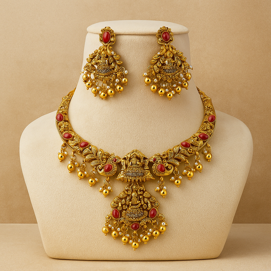 Traditional Temple Jewellery Set, Antique Gold-Plated Necklace and Earrings with Red Stones and Pearl Drops