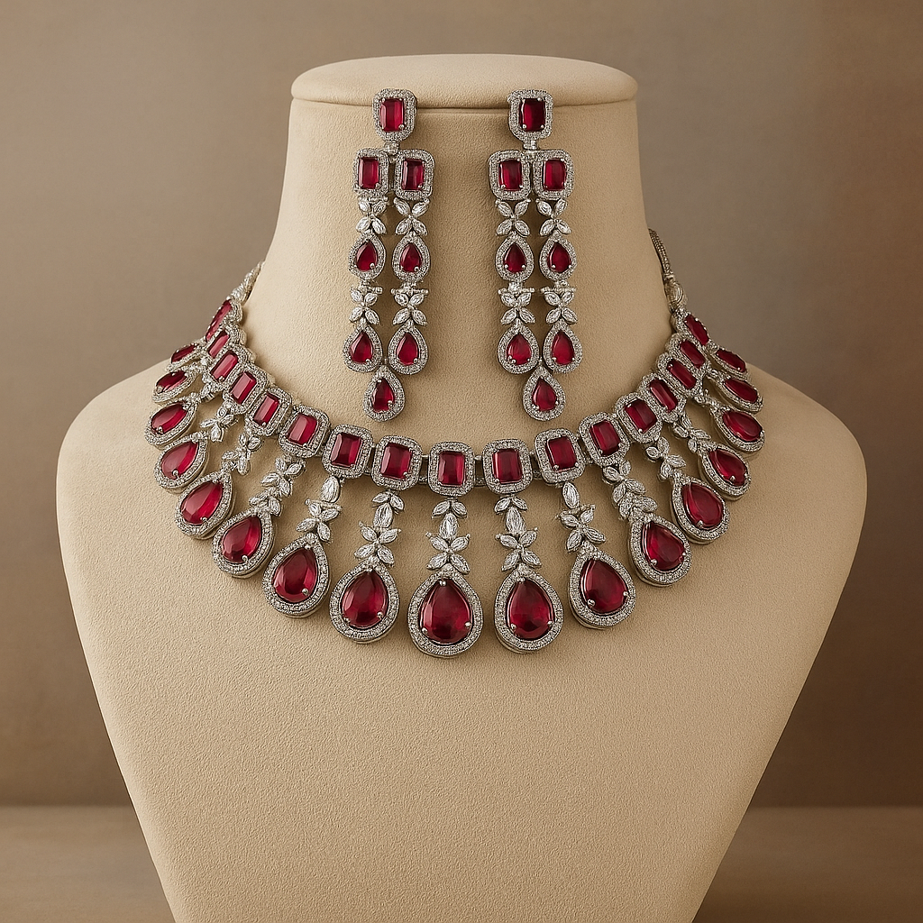 Women Silver-Plated American Diamond-Studded Necklace & Earrings Set