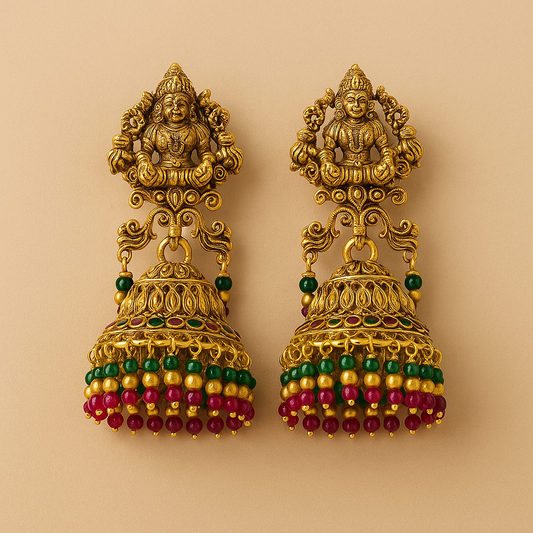 Traditional Gold-Plated Temple Jhumka Earrings with Ruby and Emerald Beads, Antique Finish
