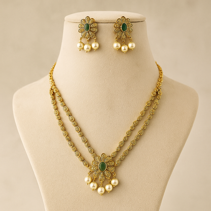 Elegant Double-Chain Gold-Toned Necklace with Turquoise Centre Stone