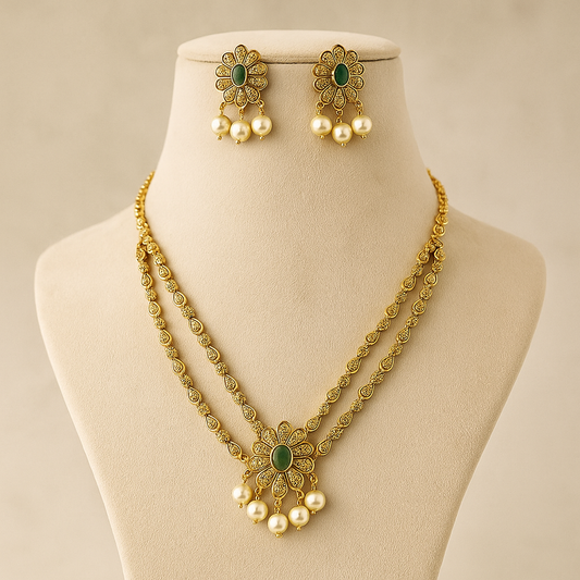 Elegant Double-Chain Gold-Toned Necklace with Turquoise Centre Stone