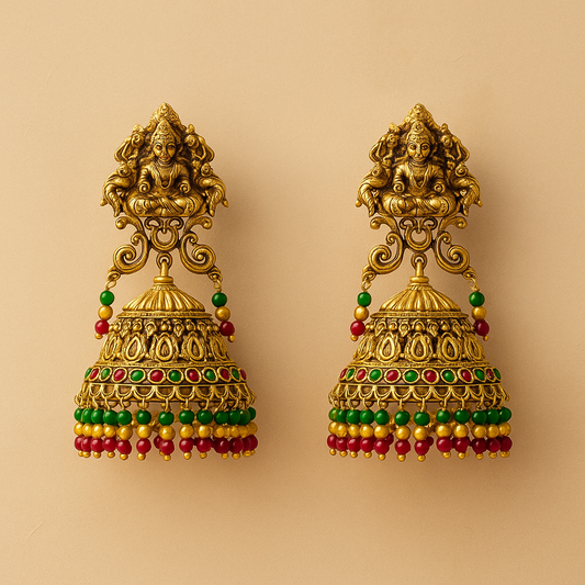 Traditional Gold-Plated Jhumka Earrings with Green and Pink Beads, Antique Finish