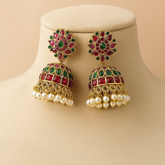 Traditional Jhumka Earrings with Ruby and Emerald Stones, Pearl Drops, Gold-Toned
